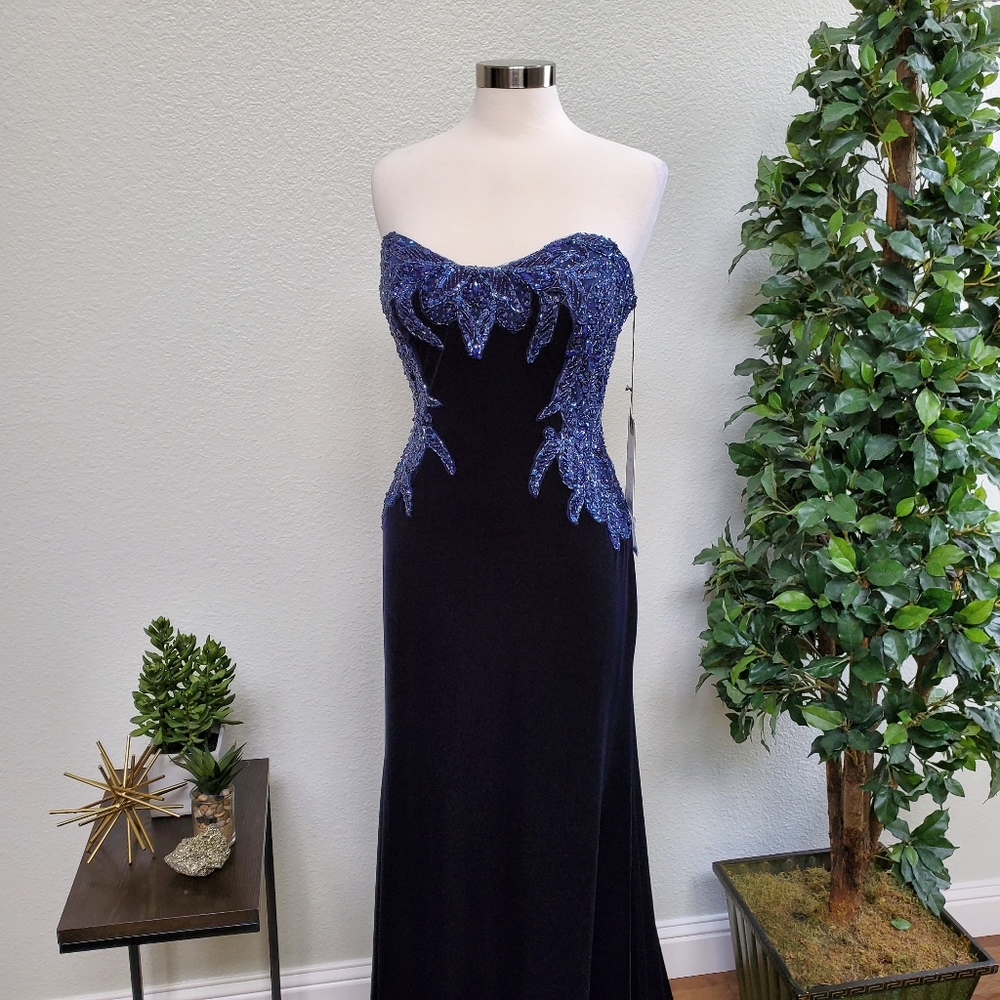 NWT Mac Duggal Velvet Navy Sequined Bustier Dress - Picture 6 of 8